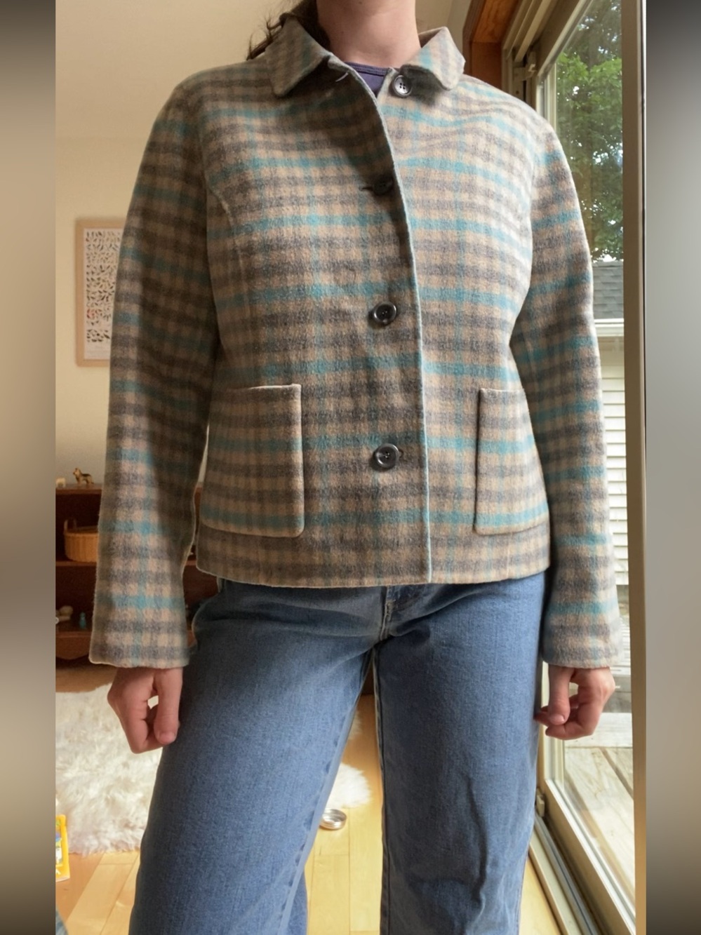 Talbots Blue & Grey Plaid Wool Blend Cropped Jacket
